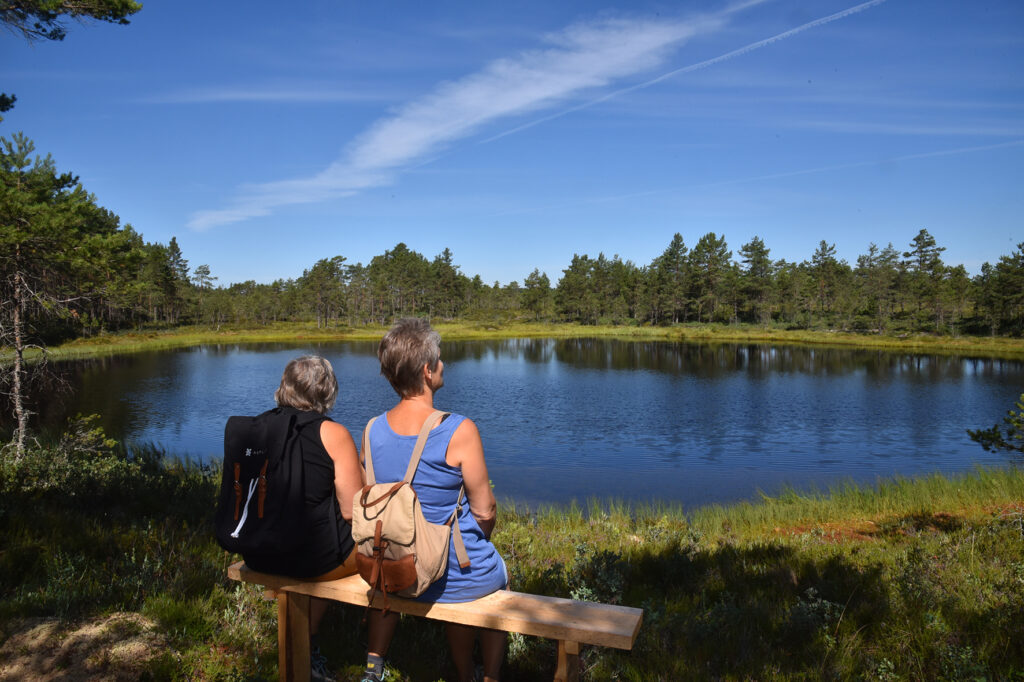 Två personer njuter av utsikten på en bänk vid Järnsjöleden, en tjärn strax efter Lungälvsmossen.